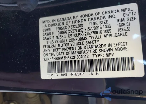 2012 Honda Cr-V Lx from USA, damaged, VIN 2HKRM3H3XCH504042